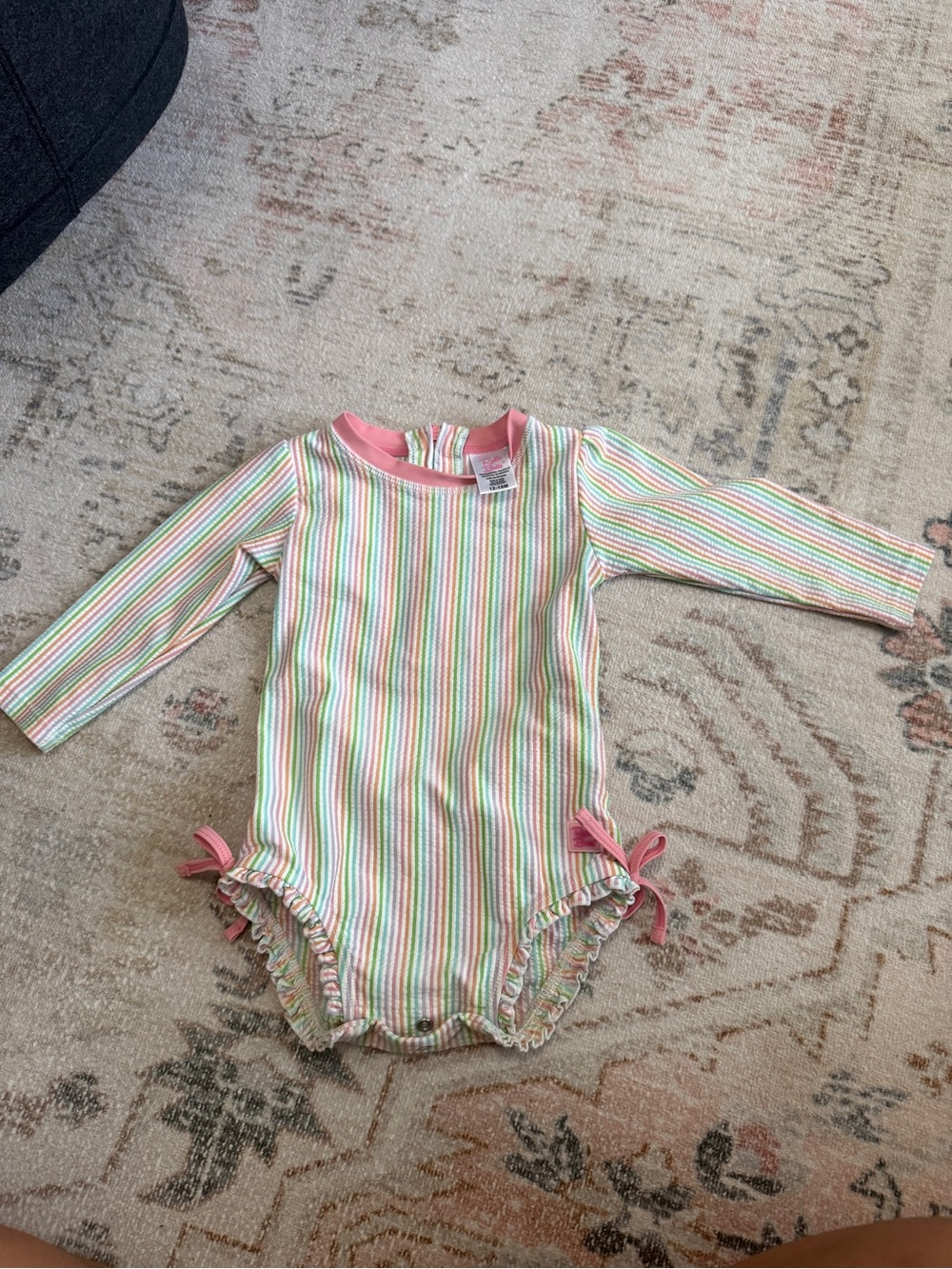 Ruffle Butts Pastel Rainbow Stripe Long-Sleeve One-Piece with Pink Trim